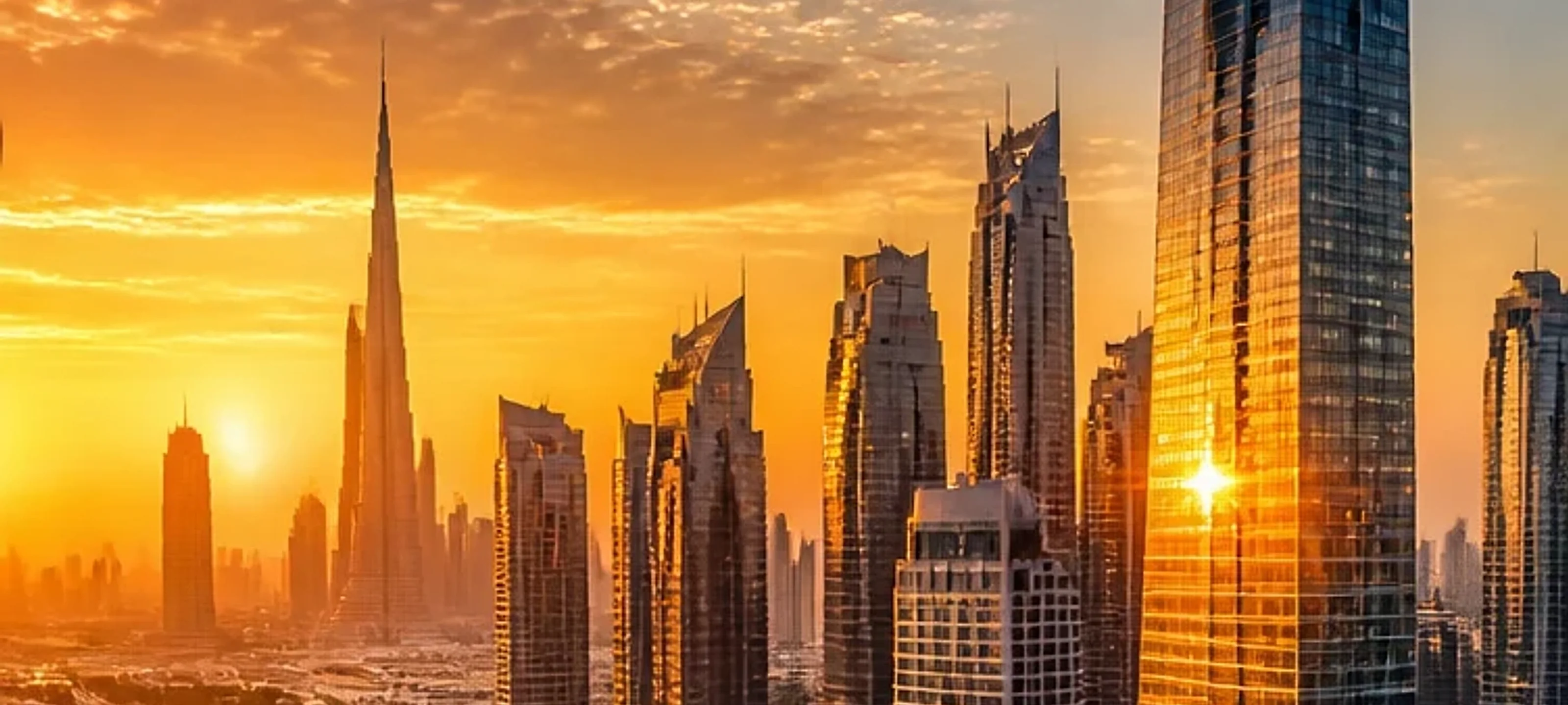 A modern city skyline at sunset
